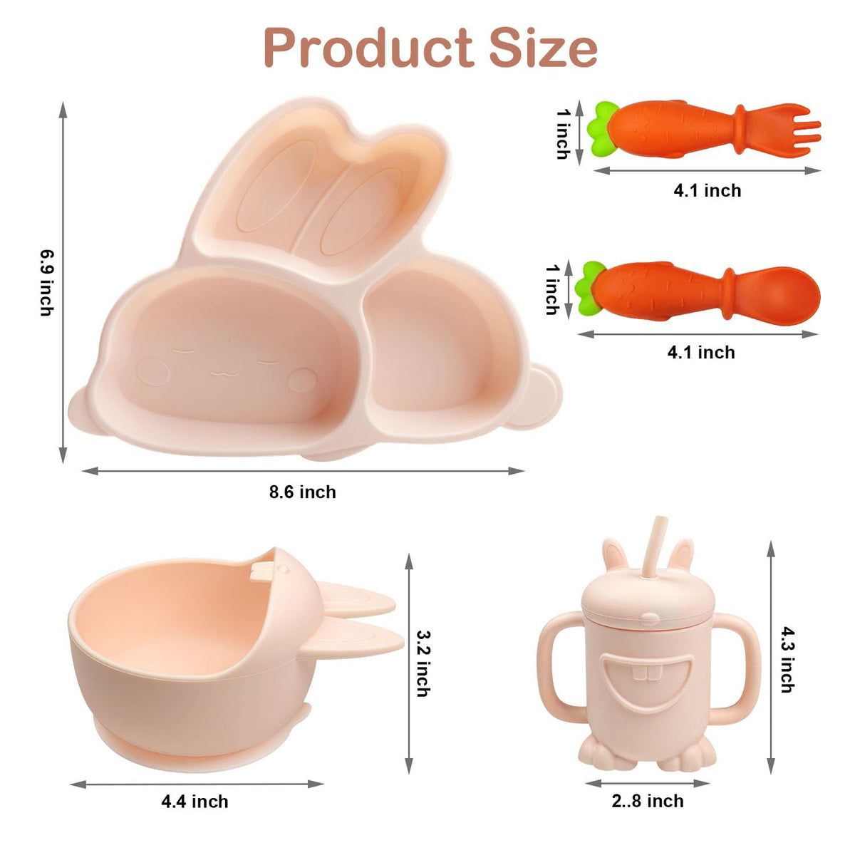 Cute Rabbit Silicone Baby Feeding Set, Baby Led Weaning Supplies, Rabbit Shapes Toddler Suction Plate and Bowl with Spoon Fork Sippy Cup, Self Feeding Silicone Tableware