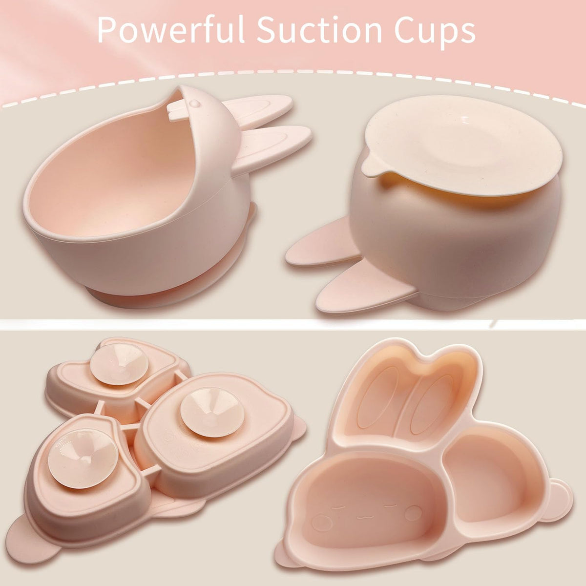 Cute Rabbit Silicone Baby Feeding Set, Baby Led Weaning Supplies, Rabbit Shapes Toddler Suction Plate and Bowl with Spoon Fork Sippy Cup, Self Feeding Silicone Tableware