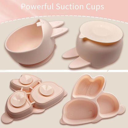 Cute Rabbit Silicone Baby Feeding Set, Baby Led Weaning Supplies, Rabbit Shapes Toddler Suction Plate and Bowl with Spoon Fork Sippy Cup, Self Feeding Silicone Tableware