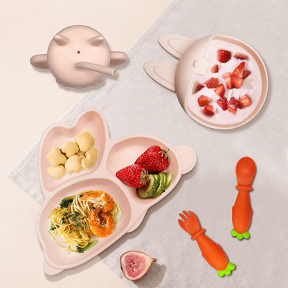 Cute Rabbit Silicone Baby Feeding Set, Baby Led Weaning Supplies, Rabbit Shapes Toddler Suction Plate and Bowl with Spoon Fork Sippy Cup, Self Feeding Silicone Tableware