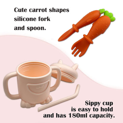 Cute Rabbit Silicone Baby Feeding Set, Baby Led Weaning Supplies, Rabbit Shapes Toddler Suction Plate and Bowl with Spoon Fork Sippy Cup, Self Feeding Silicone Tableware