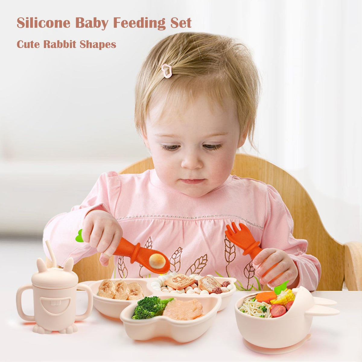 Cute Rabbit Silicone Baby Feeding Set, Baby Led Weaning Supplies, Rabbit Shapes Toddler Suction Plate and Bowl with Spoon Fork Sippy Cup, Self Feeding Silicone Tableware