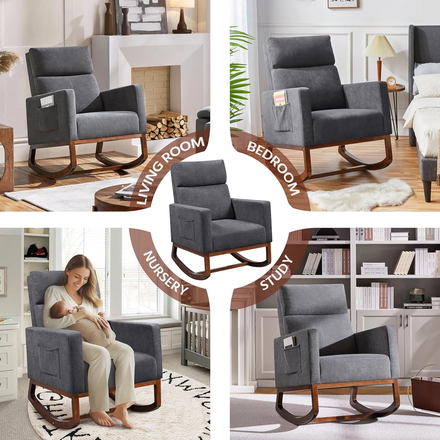 Yaheetech Upholstered Rocking Chair, Boucle Glider Chair Nursery Chair with High Back and Side Pocket, Rocking Accent Armchair with Rubber Wood Legs for Living Room/Bedroom/Nursery, Ivory