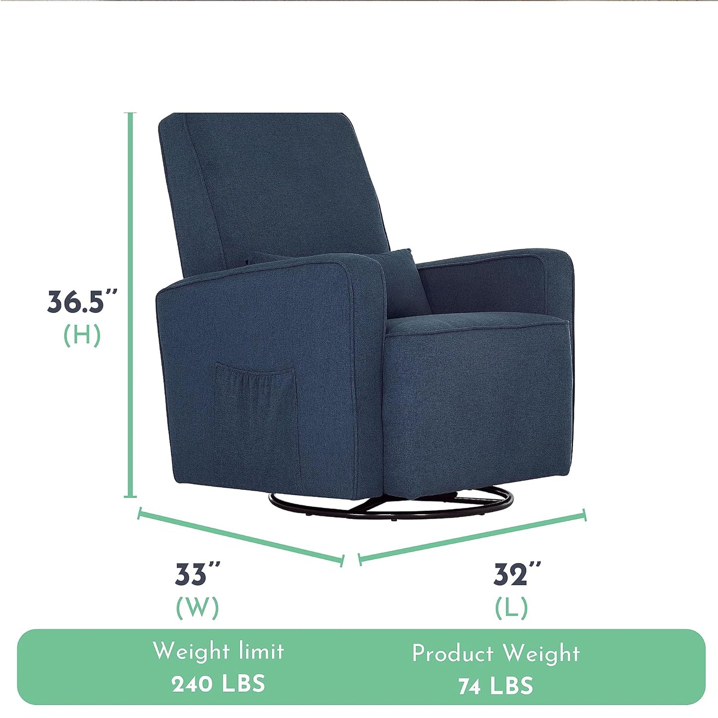 Evolur Holland Upholstered Plush Seating Glider Swivel, Glider Chair for Nursery in Harbor, Modern Nursery Glider, Tool-Free Assembly, Easy to Clean, Environmentally Conscious Glider