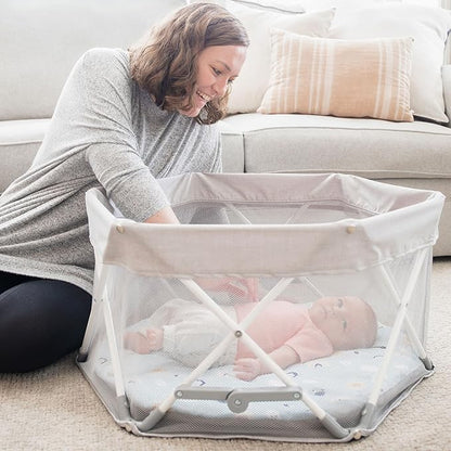 My Play Baby Portable Infant Bassinet, Indoor Outdoor UPF 50+ Canopy, Mesh Sides, 29x14 Inches, Foldable Travel Playard with Toys, Padded Base, Newborn to 15 Pounds