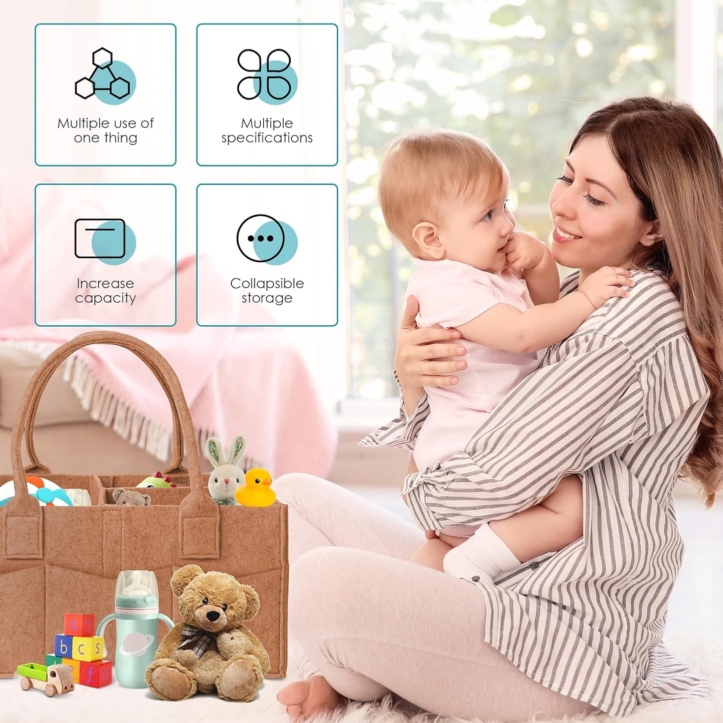 Cute Castle 2 Pack Diaper Caddy Organizer - Portable Baby Caddy Organizer with Handle, Nursery Storage Bin and Car Organizer for Girls, Boys - Baby Gift Basket - Grey