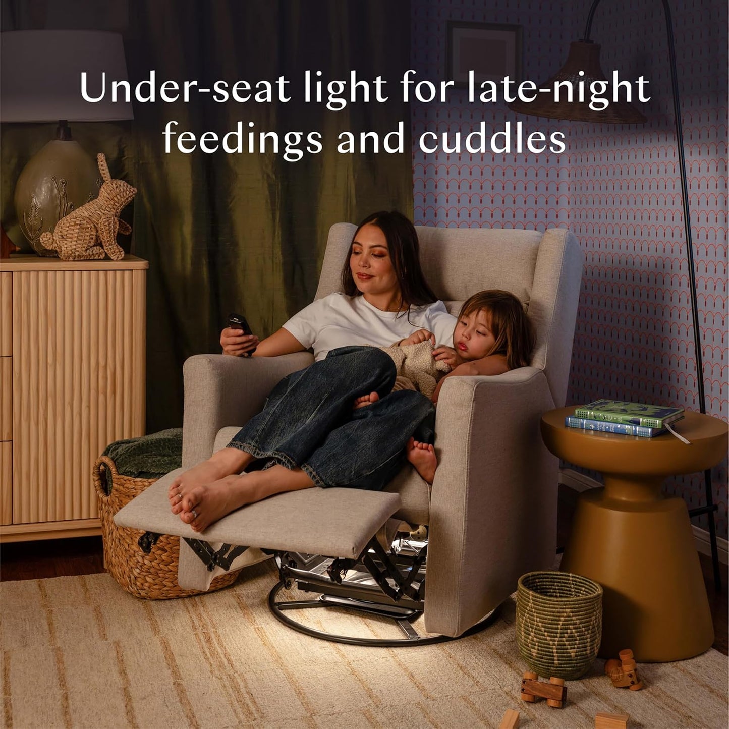 Babyletto Kiwi Deluxe Power Recliner and Swivel Glider with Heat and Massage in Almond Teddy Loop, Built-in USB Charging Port, Adjustable Headrest, Greenguard Gold, FSC and CertiPUR-US Certified