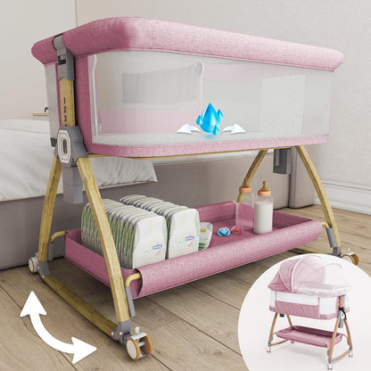 Earth&ME Baby Bassinet Bedside Sleeper with Rocking - All Mesh Portable Bedside Crib for Safe Co-Sleeping, Storage Basket and Wheels, Adjustable Height, Includes Travel Bag, Mosquito Net (Whate, Grey)