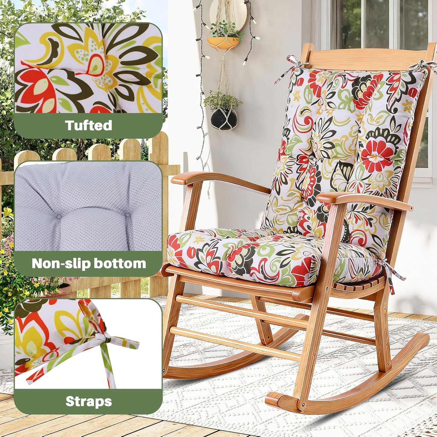 Rocking Chair Cushion with Ties Non-Slip Outdoor Rocking Chair Cushion Set Waterproof Fade-Resistant Porch Garden Patio Glider Rocker Cushions
