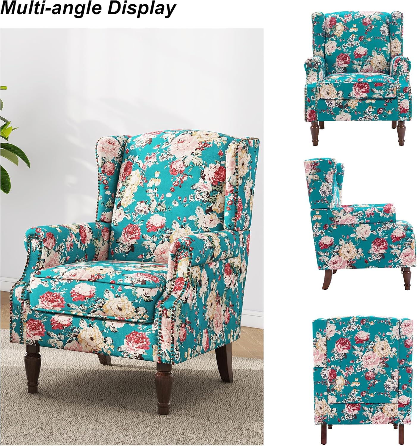 Swivel Rocker Recliner Chair, Manual Nursery Glider Recliner, Floral Fabric Wingback Accent Chair with Adjustable Backrest & Footrest for Small Spaces Living Room Bedroom (Plants Floral, Set of 1)