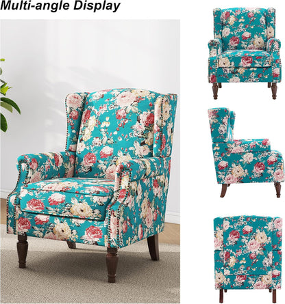 Swivel Rocker Recliner Chair, Manual Nursery Glider Recliner, Floral Fabric Wingback Accent Chair with Adjustable Backrest & Footrest for Small Spaces Living Room Bedroom (Plants Floral, Set of 1)