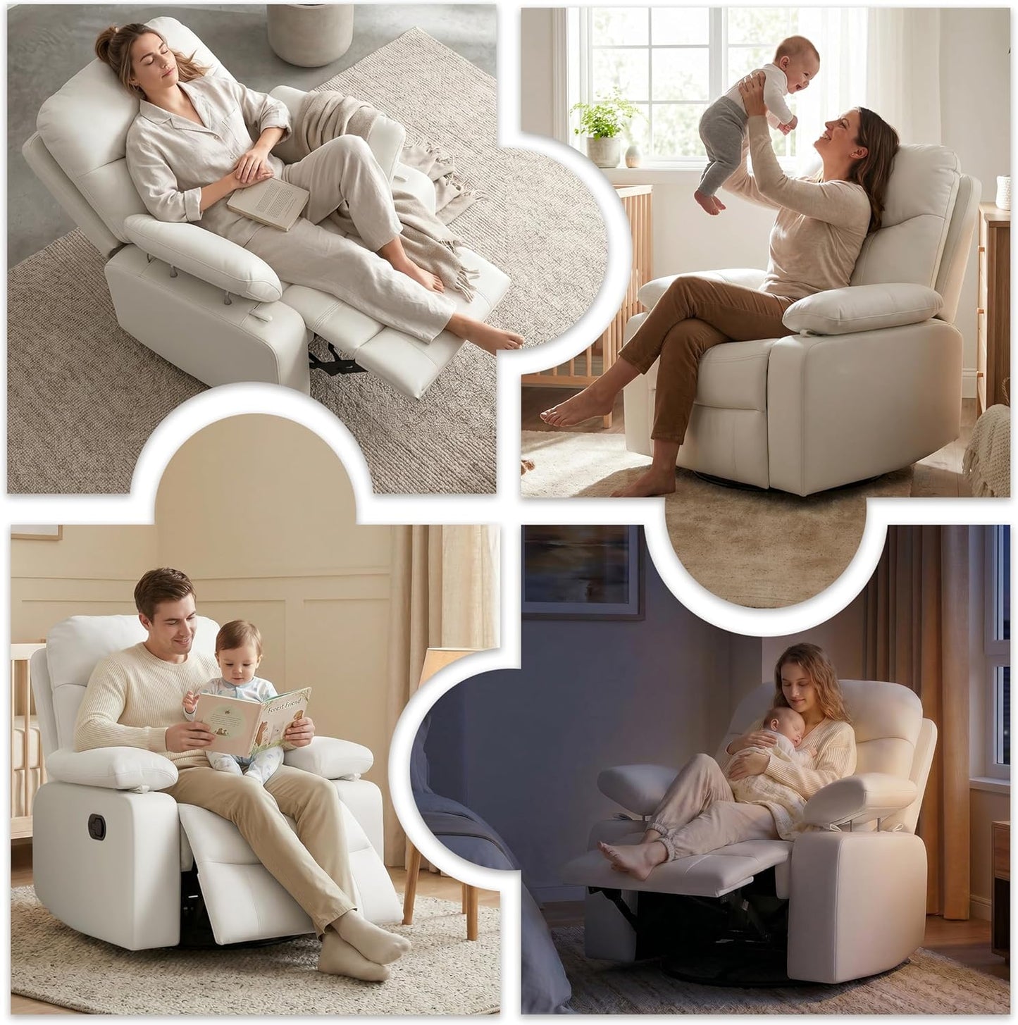 Nursery Glider Recliner with Adjustable Armrests, Oversized Comfortable Nursing Chair for Breastfeeding Moms, 360°Swivel, 90°-160° Recline, Quiet Rocking Chair Nursery for Living Room, White