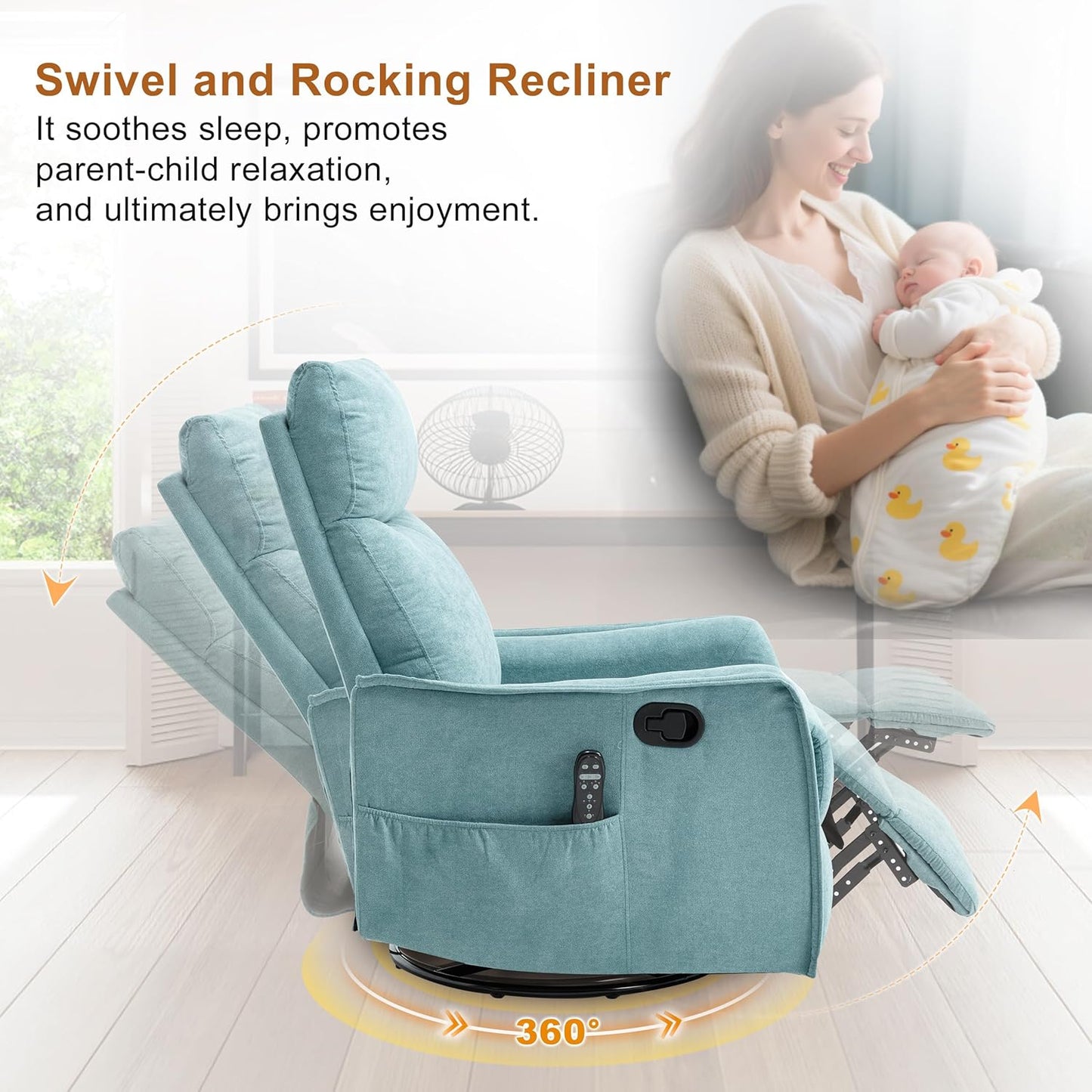 Manual 360° Swivel Rocker Recliner Chair for Adults, Overstuffed Glider Chair for Nursery with Vibration Massage and Heat, Comfy Soft Fabric Glider with Side Pockets for Living Room, Beige