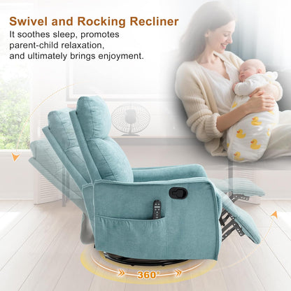 Manual 360° Swivel Rocker Recliner Chair for Adults, Overstuffed Glider Chair for Nursery with Vibration Massage and Heat, Comfy Soft Fabric Glider with Side Pockets for Living Room, Beige
