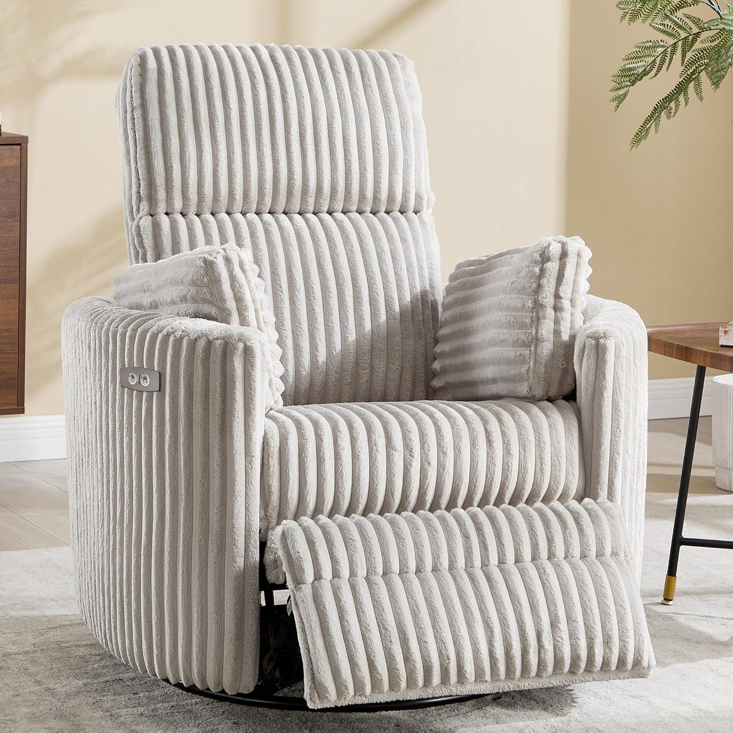 Power Recliner,Nursery Swivel Glider Rocking Chair with USB Port,Upholstered Adult Electric Recliner Rocking Chair with 2 Pillows for Living Room Bedroom (Beige Corduroy, Power-Driven)