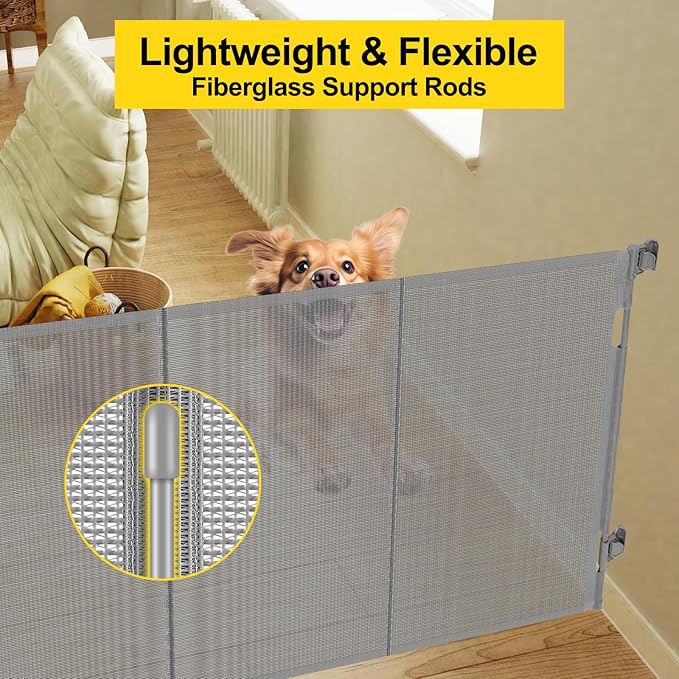Reinforced 42” Tall x 100” Wide Retractable Baby Gates Extra Tall Dog Gate with Rods to Prevent Crawling Through, Pet Gate for Large Openings Extra Wide Mesh Baby Gate for Stairs, Gray