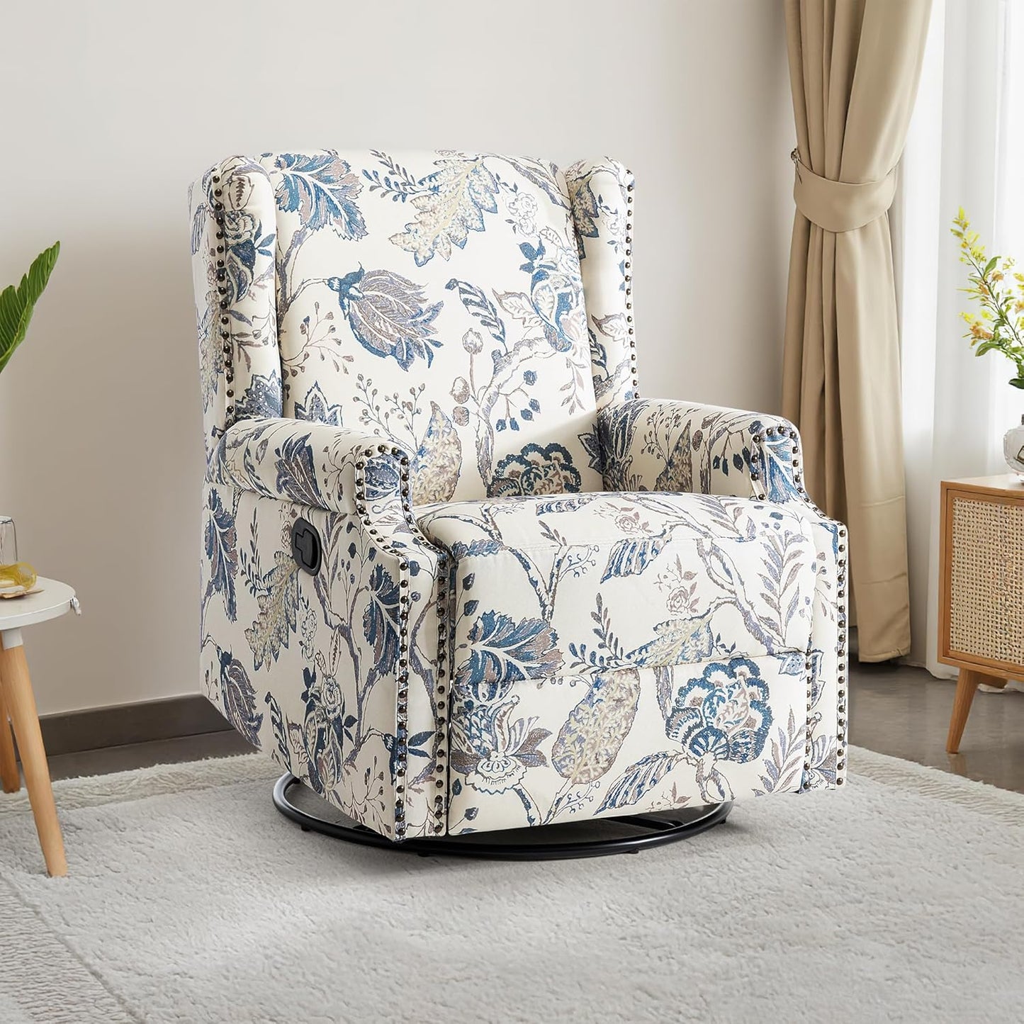 Swivel Rocker Recliner Chair, Manual Nursery Glider Recliner, Floral Fabric Wingback Accent Chair with Adjustable Backrest & Footrest for Small Spaces Living Room Bedroom (Plants Floral, Set of 1)