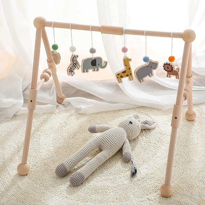 Wooden Baby Gym with 6 Gym Toys, Detachable Wooden Play Gym Frame Activity Gym Hanging Bar Baby Toys for Activity Gym, Ages Newborn + (Zoo Themes)