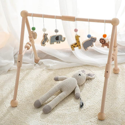 Wooden Baby Gym with 6 Gym Toys, Detachable Wooden Play Gym Frame Activity Gym Hanging Bar Baby Toys for Activity Gym, Ages Newborn + (Zoo Themes)