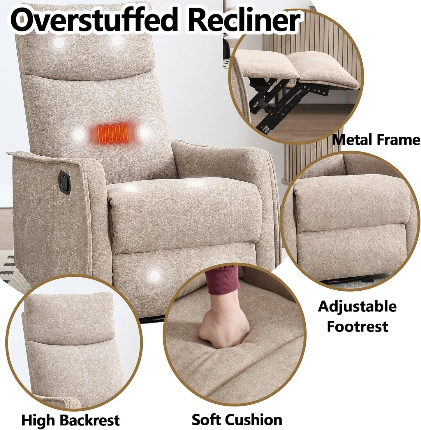 Massage Chair Recliner with Heat, Swivel Rocking Chair Recliner with High Back, Manual Nursery Recliners for Adults,Small Recliner Chair for Small Spaces, Living Room Bedroom, Fabric (Blue Green)