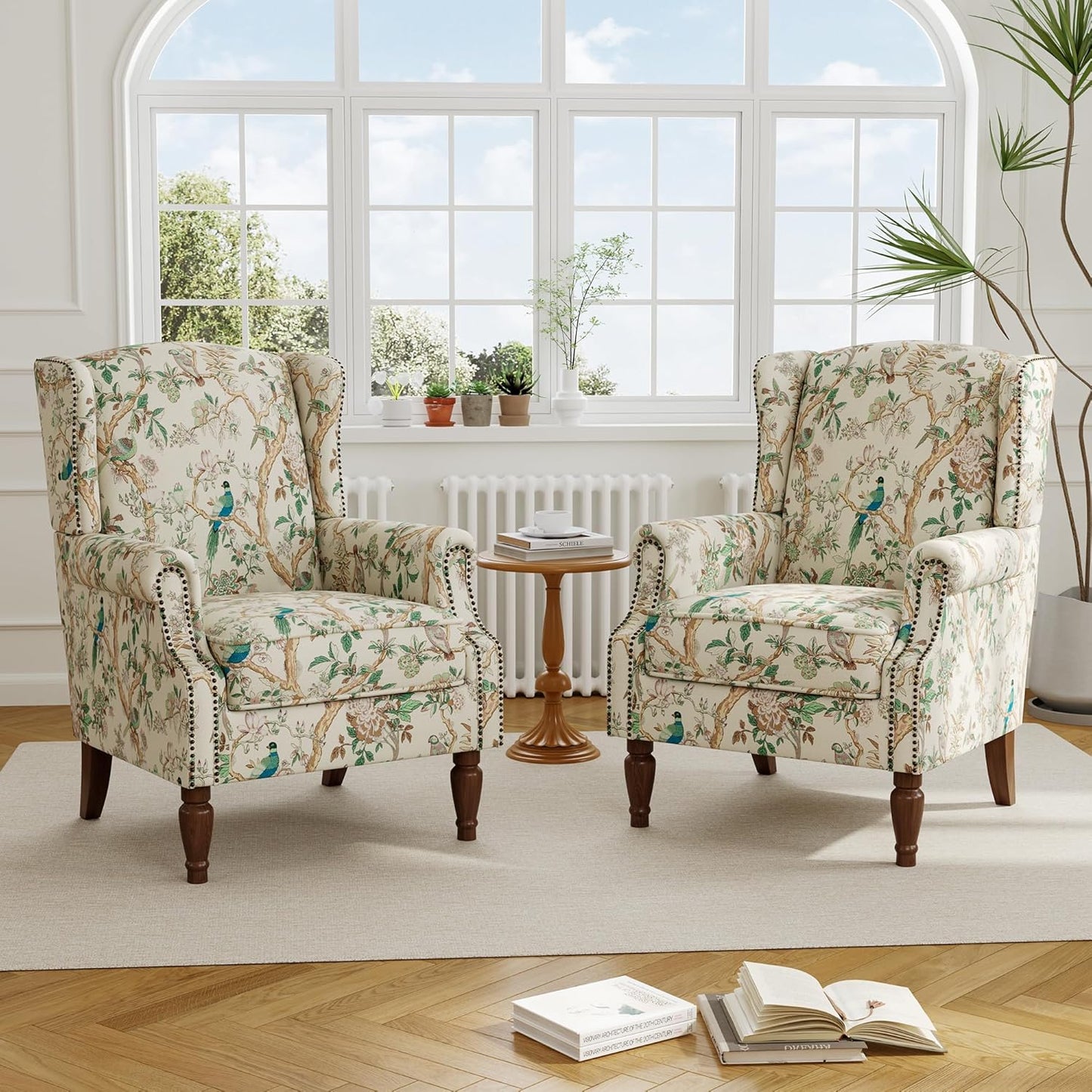Swivel Rocker Recliner Chair, Manual Nursery Glider Recliner, Floral Fabric Wingback Accent Chair with Adjustable Backrest & Footrest for Small Spaces Living Room Bedroom (Plants Floral, Set of 1)