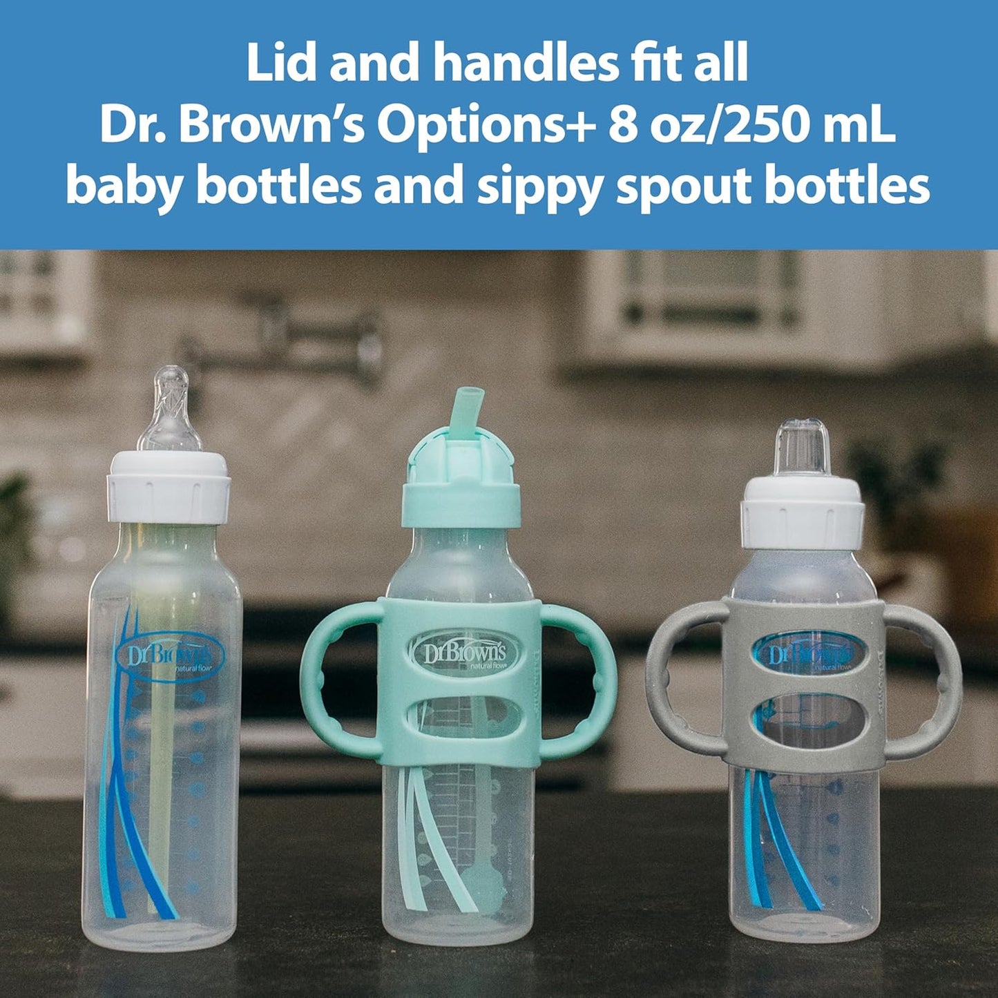 Dr. Brown's Milestones Narrow Sippy Straw Bottle, Spill-Proof with 100% Silicone Handles and Weighted Straw, 8 oz/250 mL, Blue/Gray, 6m+