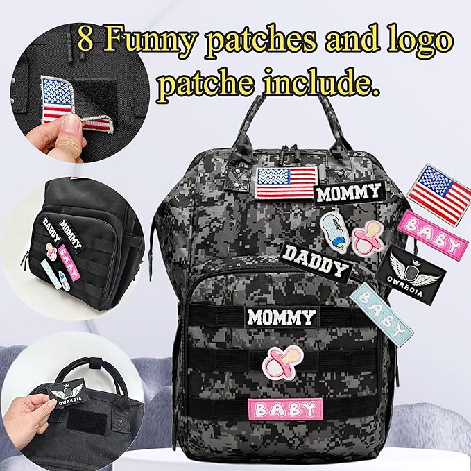 Camo Diaper Bag Backpack for Dad and Mom with USB Charging Port Stroller Straps and Insulated Pocket,army military Travel Nappy Backpack (DADDY and MOMMY patches)