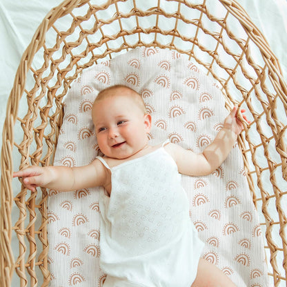 Muslin Bassinet Fitted Sheets 2 Pack, Soft Breathable Cotton Baby Bassinet Mattress Sheet Set, 360° Elastic Snug Fit, Universal for Oval, Rectangle & Hourglass Cradle, Unisex Baby Bedding (Cute Cars)