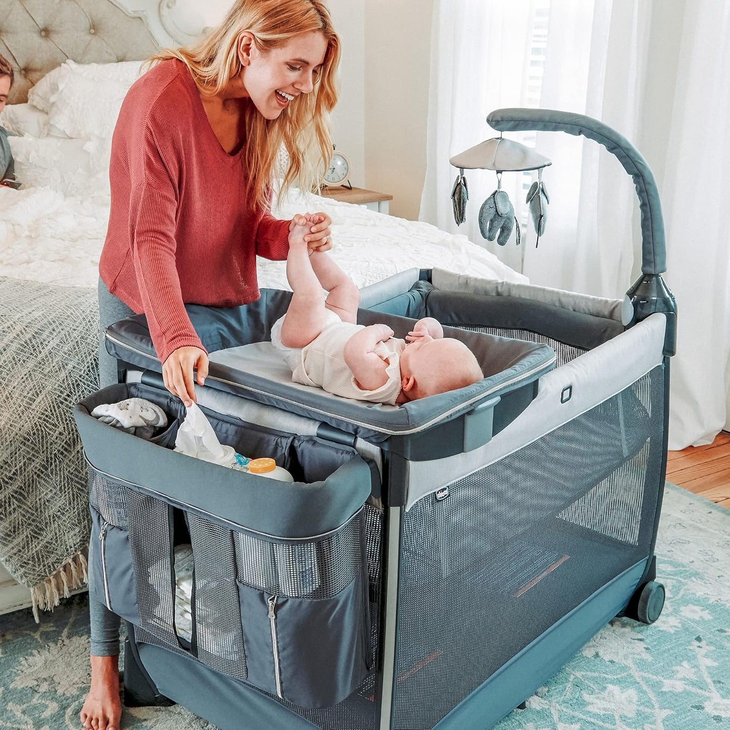 Chicco Lullaby Zip All-in-One Portable Playard, Infant Bassinet and Changer, Electronic Toy Bar, Toddler Playard, Travel Friendly | Driftwood/Grey