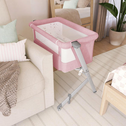 Dream On Me Skylar Bassinet and Bedside Sleeper, Adjustable Heights, Breathable Mesh Sides, Plush Mattress Pad, Wheels with Safety Locks & Tool-Free Assembly, Compact Fold & Travel Bag - Pink