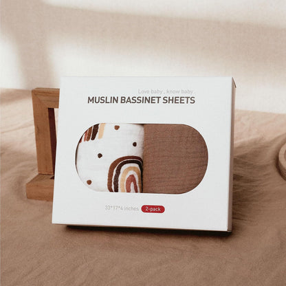 Muslin Bassinet Fitted Sheets 2 Pack, Soft Breathable Cotton Baby Bassinet Mattress Sheet Set, 360° Elastic Snug Fit, Universal for Oval, Rectangle & Hourglass Cradle, Unisex Baby Bedding (Cute Cars)