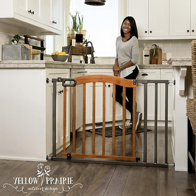 Summer Infant Anywhere Decorative Walk-Thru Pet and Baby Gate, 28” - 42.5” Wide, 30" Tall, Pressure Mounted, Insall In-between Rooms and Doorways, Walnut Wood with Metal Charcoal Accents
