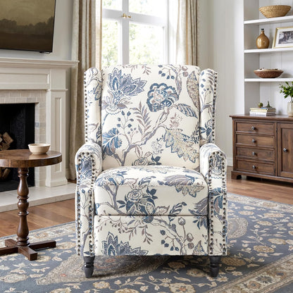 Swivel Rocker Recliner Chair, Manual Nursery Glider Recliner, Floral Fabric Wingback Accent Chair with Adjustable Backrest & Footrest for Small Spaces Living Room Bedroom (Plants Floral, Set of 1)