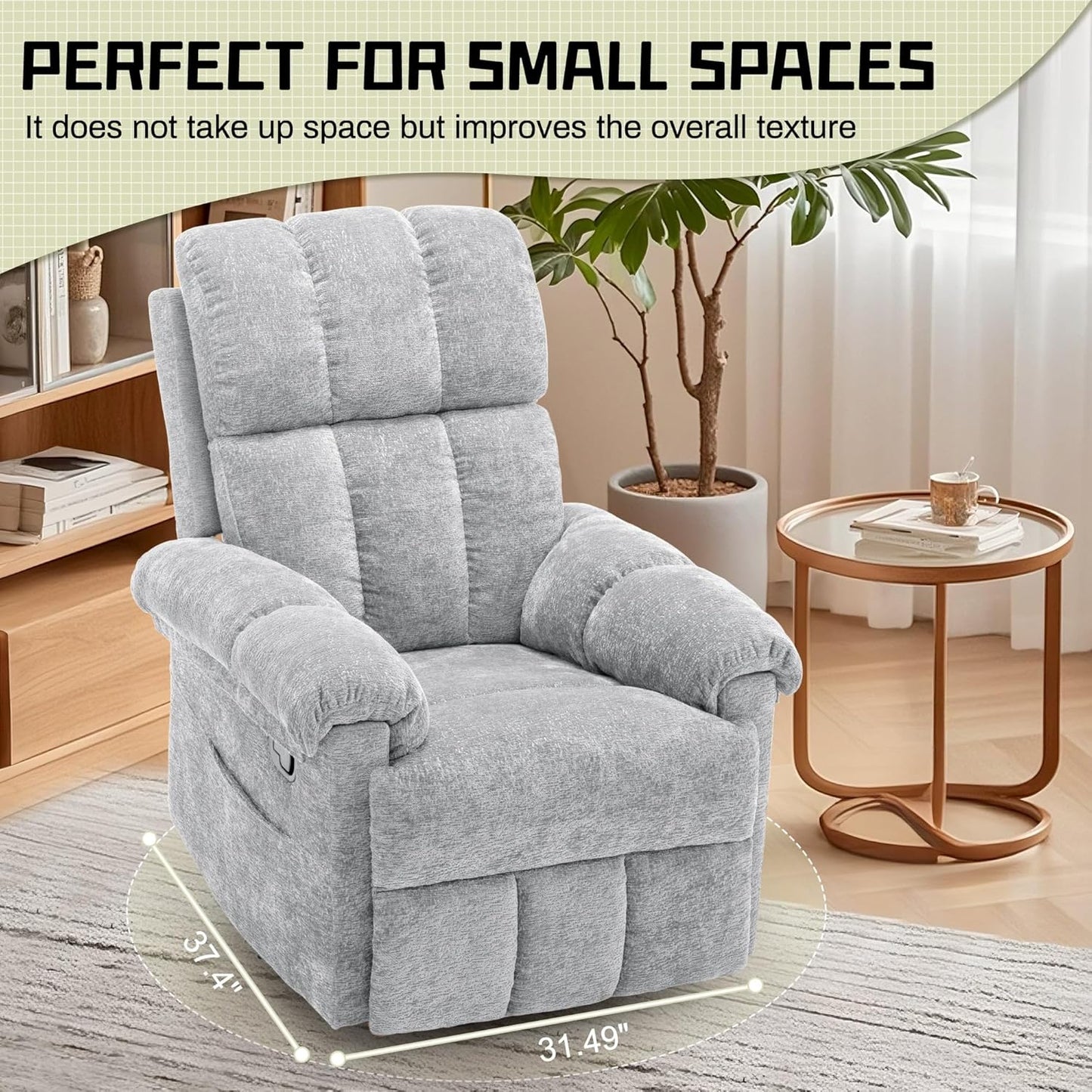 Korser Recliner Chair, Swivel Rocker Recliner Chair for Adults, Small Recliners for Small Spaces, Upholstered Manual Recliner with Side Pockets, Nursery Rocking Chair for Living Room, Chenille, Beige