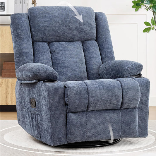 Swivel Rocker Recliner Chair, Lazy Boy Recliner with Cup Holders, 360 Degree Rotating Nursery Rocking Chair, Manual Glider Recliner for Living Room (1, Yellow)
