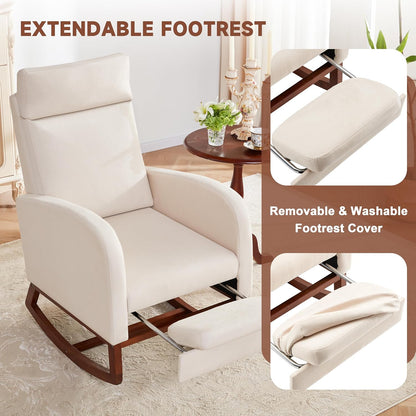 Rocking Chair with Foot Rest, Ergonomic Nursery Chair with High Back, Baby Glider Rocker, Nursing Chair Accent Living Room (Linen Beige)