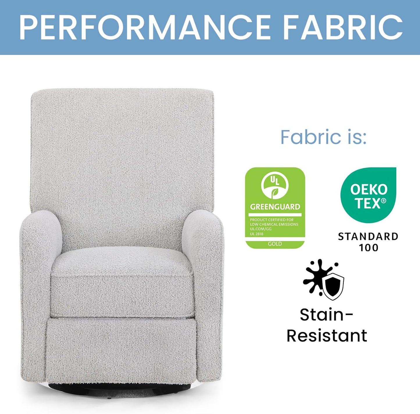Delta Children Nest Nursery Swivel Recliner - Fabric is GREENGUARD Gold Certified and Oeko-TEX Standard 100 - Upholstered in a Unique Chenille Yarn for Blanket Like Softness, Oyster