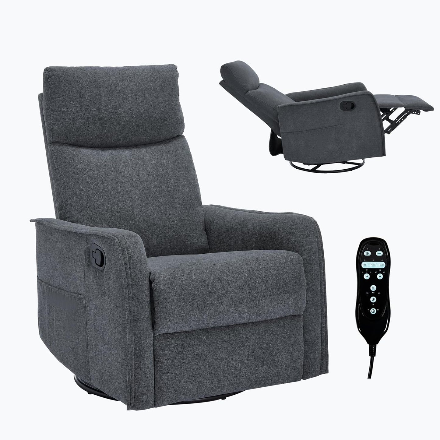 Swivel Rocker Recliner Chair for Adults, Nursery Rocking Chair with Heat and Massage, Glider Reclining Chair for Small Space Living Room Bedroom, Faux Leather Black