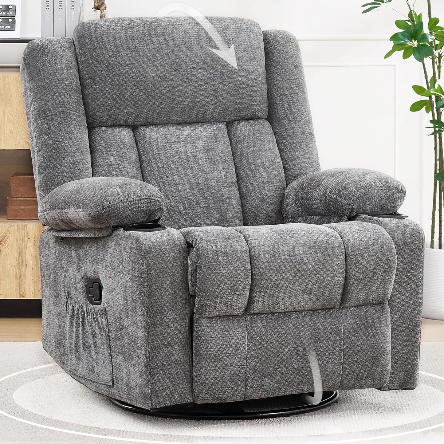 Swivel Rocker Recliner Chair, Lazy Boy Recliner with Cup Holders, 360 Degree Rotating Nursery Rocking Chair, Manual Glider Recliner for Living Room (1, Yellow)