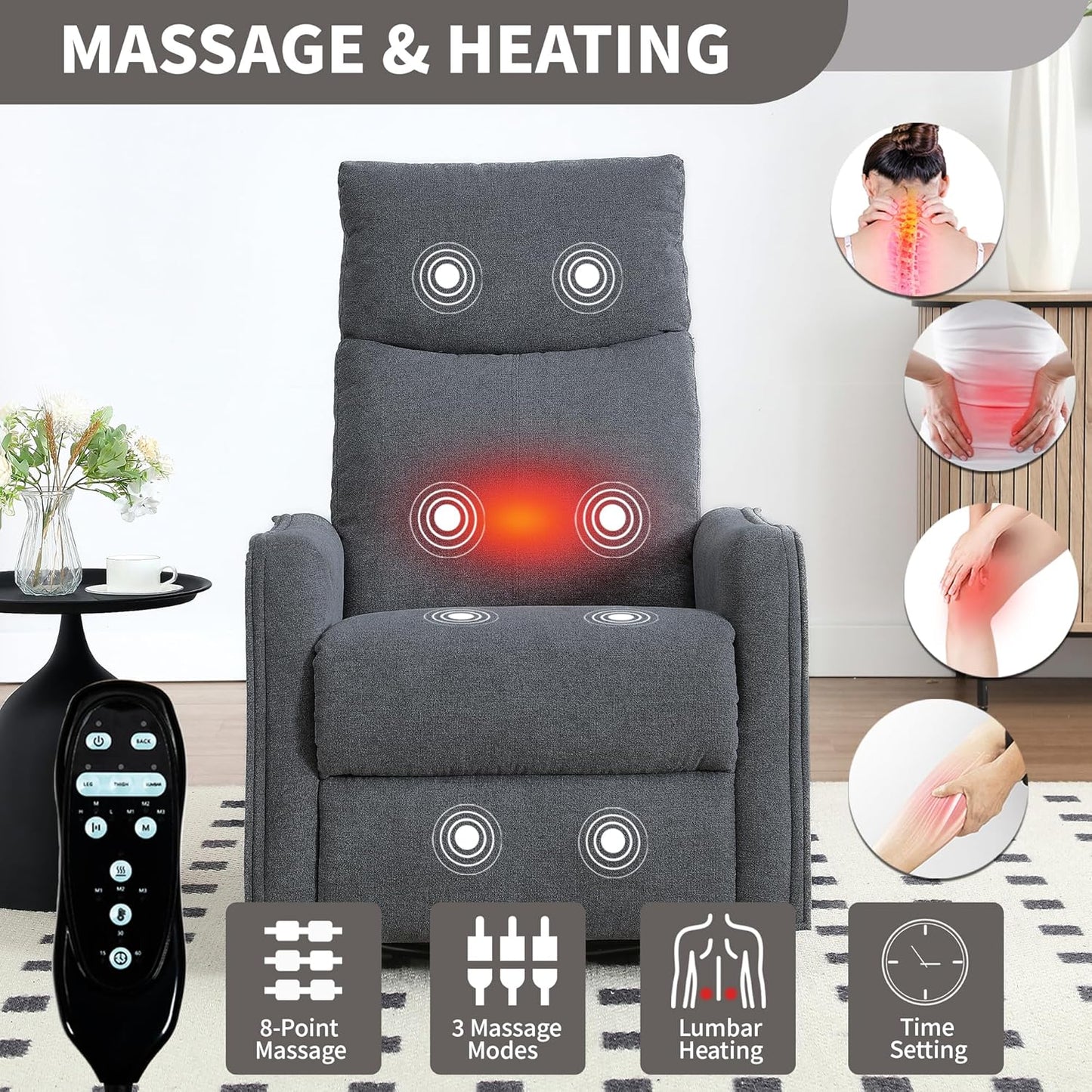 Swivel Rocker Recliner Chair for Adults, Nursery Rocking Chair with Heat and Massage, Glider Reclining Chair for Small Space Living Room Bedroom, Faux Leather Black