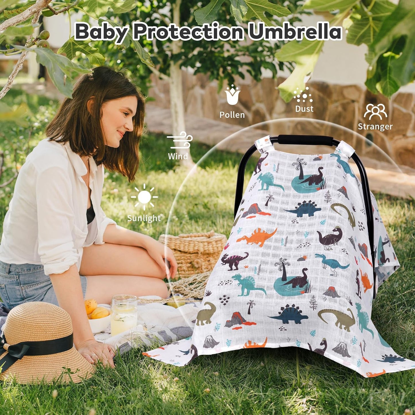 Rquite Car Seat Cover Baby for Girls Boys, 100% Muslin Cotton Infant Carseat Canopy, Soft Breathable Stroller Sun Shade & Newborn Shower Gift, Large Size Universal Fit Summer, Hot & Warm Weather