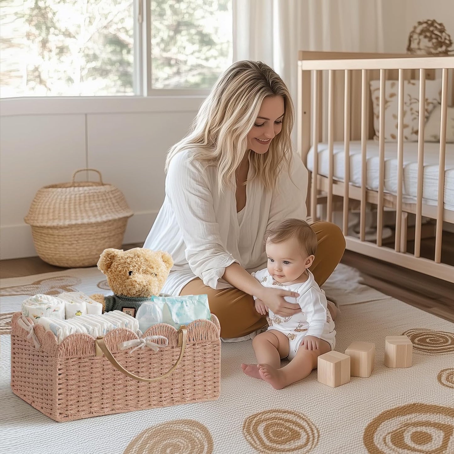 HBlife Large Baby Diaper Caddy, Paper Rope Storage Baskets Nursery Bin with Removable Divider, Portable Car Organizer for Diapers, Baby Shower Gifts, Newborn Essentials Must Haves
