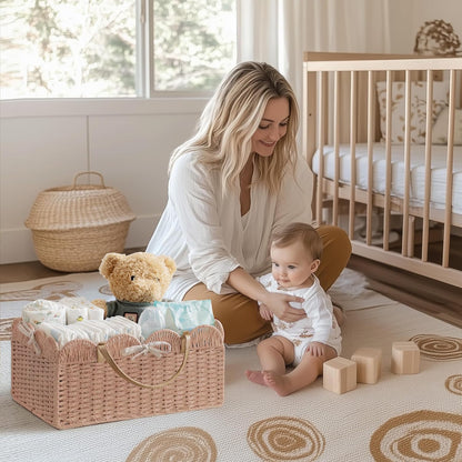 HBlife Large Baby Diaper Caddy, Paper Rope Storage Baskets Nursery Bin with Removable Divider, Portable Car Organizer for Diapers, Baby Shower Gifts, Newborn Essentials Must Haves