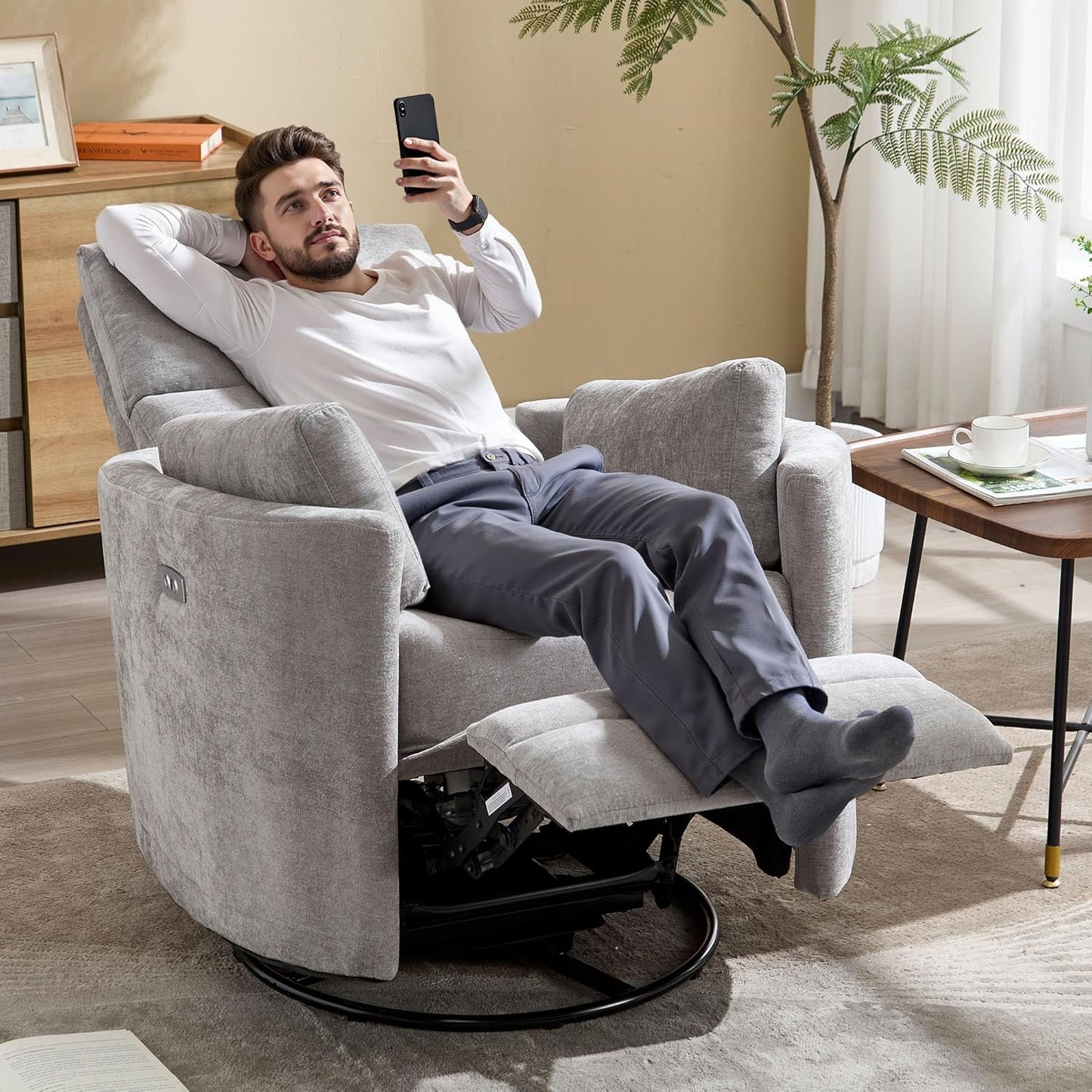 Power Recliner,Nursery Swivel Glider Rocking Chair with USB Port,Upholstered Adult Electric Recliner Rocking Chair with 2 Pillows for Living Room Bedroom (Beige Corduroy, Power-Driven)