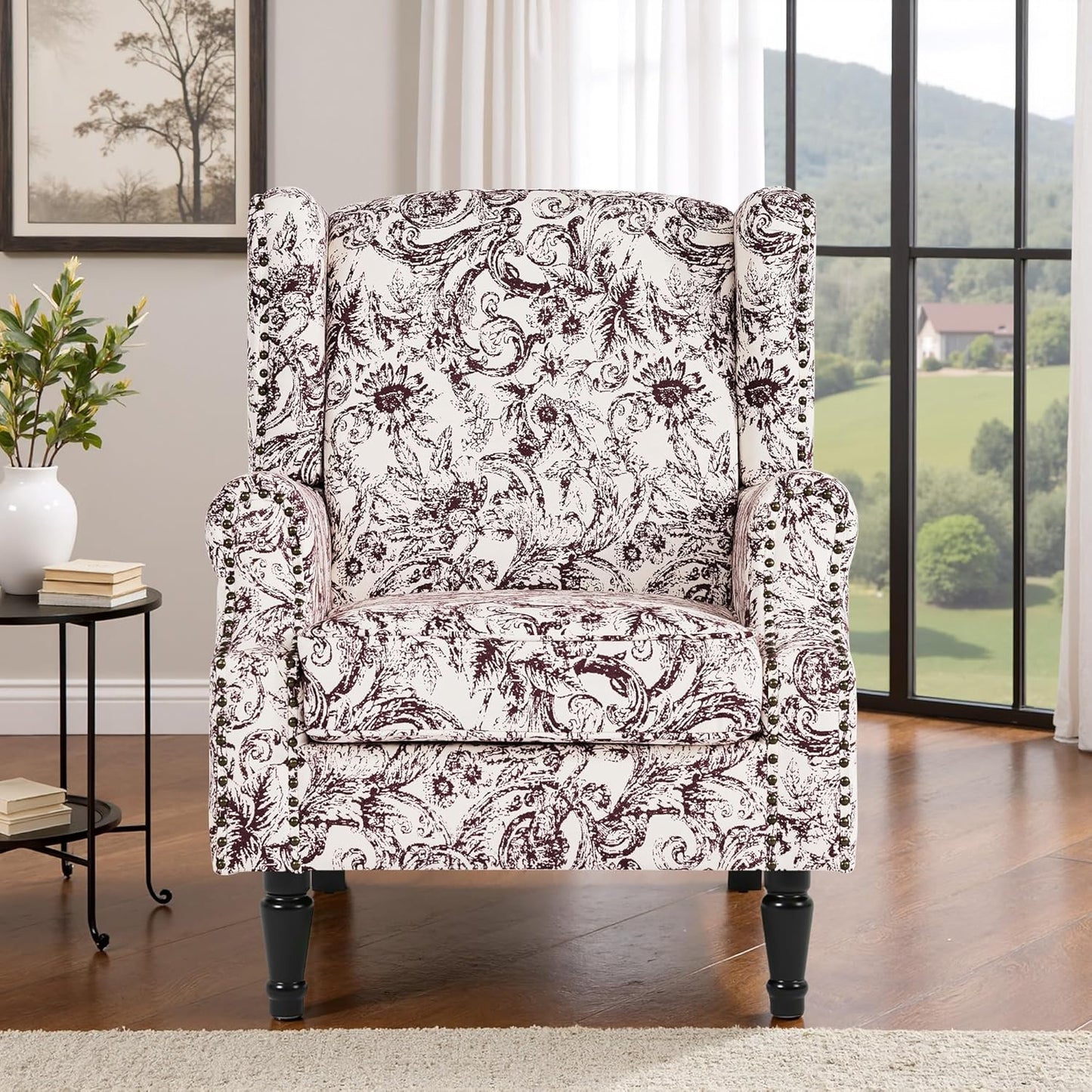 Swivel Rocker Recliner Chair, Manual Nursery Glider Recliner, Floral Fabric Wingback Accent Chair with Adjustable Backrest & Footrest for Small Spaces Living Room Bedroom (Plants Floral, Set of 1)