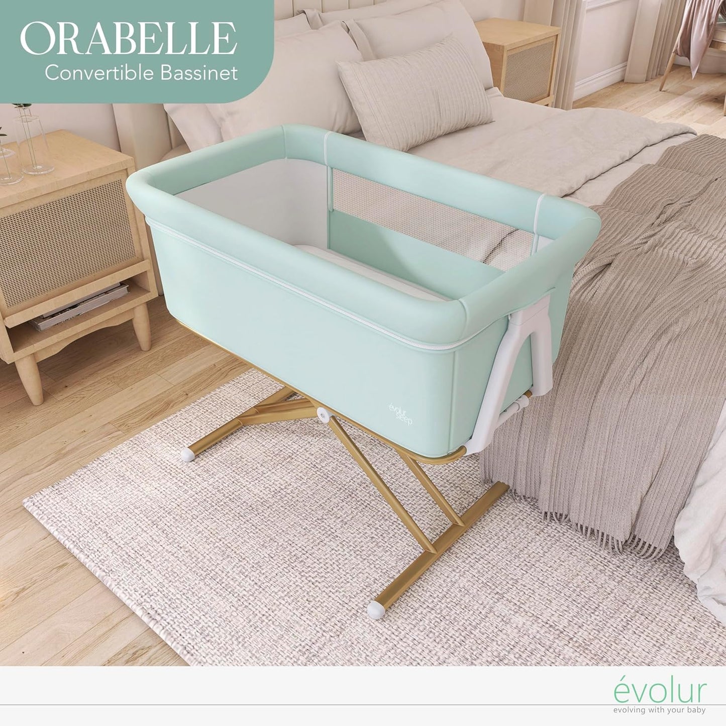 Evolur Orabelle Baby Bassinet & Bedside Sleeper, Breathable Mesh Sides, Plush Mattress Pad with Removable Cover, Tool-Free Assembly, Quick Foldable Steel Frame Compact Design with Travel Bag – Black