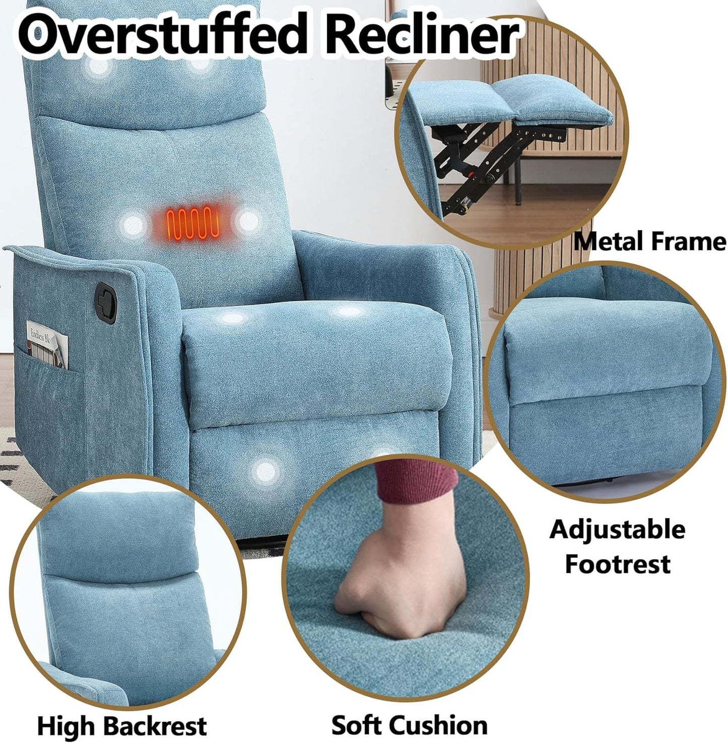 Massage Chair Recliner with Heat, Swivel Rocking Chair Recliner with High Back, Manual Nursery Recliners for Adults,Small Recliner Chair for Small Spaces, Living Room Bedroom, Fabric (Blue Green)