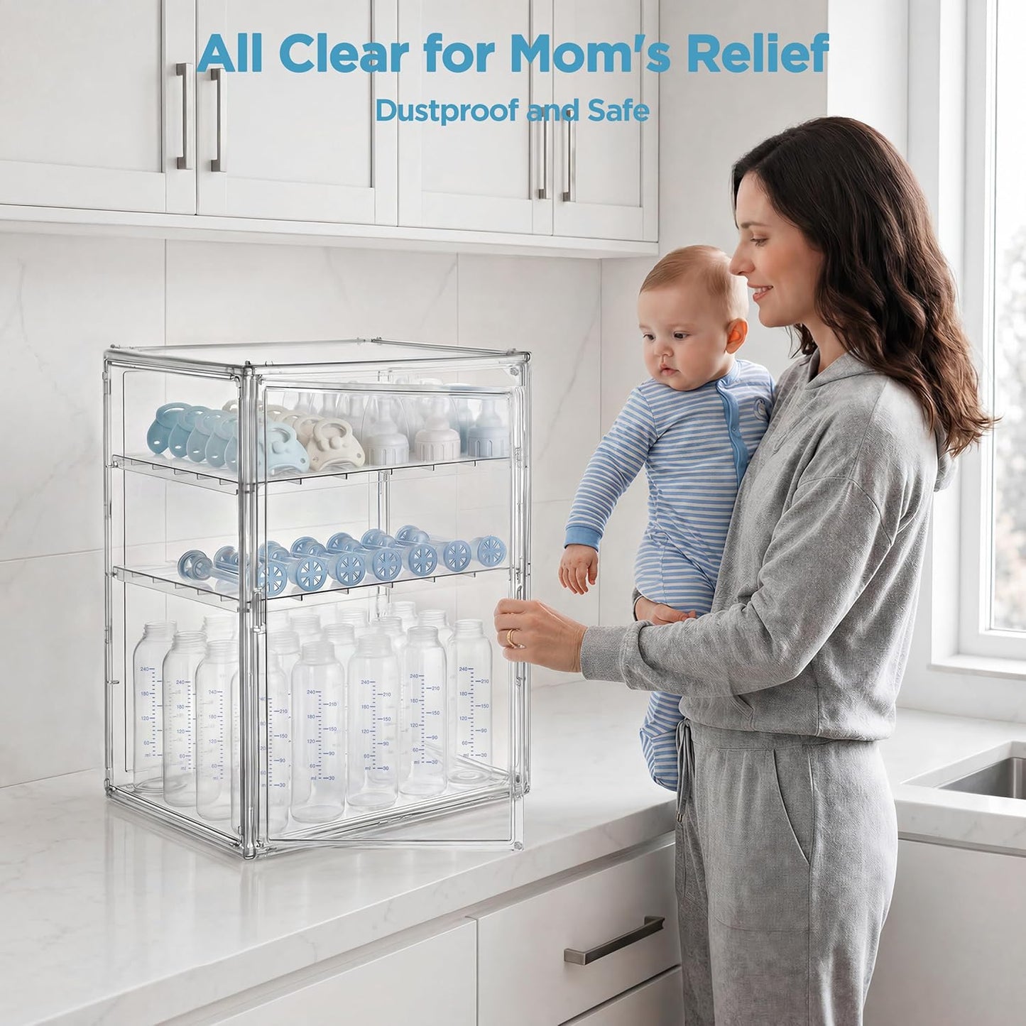 HBlife Baby Bottle Storage Organizer for Countertop Cabinet, 3 Tiers Adjustable Clear Acrylic Bottles Storage Station Case Box Container with 2 Removable Dividers and Magnetic Door, Large