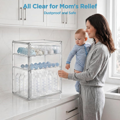 HBlife Baby Bottle Storage Organizer for Countertop Cabinet, 3 Tiers Adjustable Clear Acrylic Bottles Storage Station Case Box Container with 2 Removable Dividers and Magnetic Door, Large