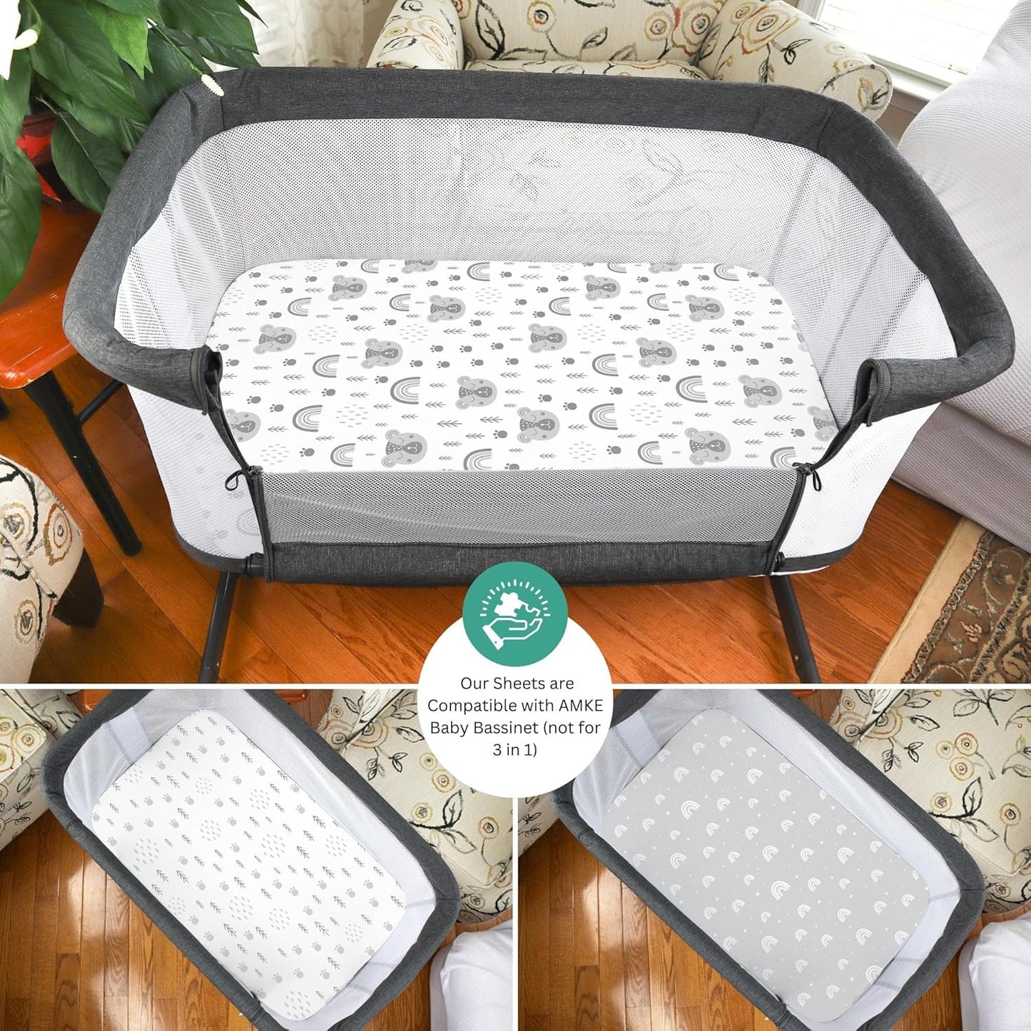Bassinet Sheets for Papablic, CoZee, Cowiewie, Ezebaby, Nawahev Baby Bassinet Bedside Sleeper by TansyPanda, 3PC, 33x20, Ultra Soft, Breathable Snug Fit, Unisex Boys Girls, Gray White (Space Rockets)